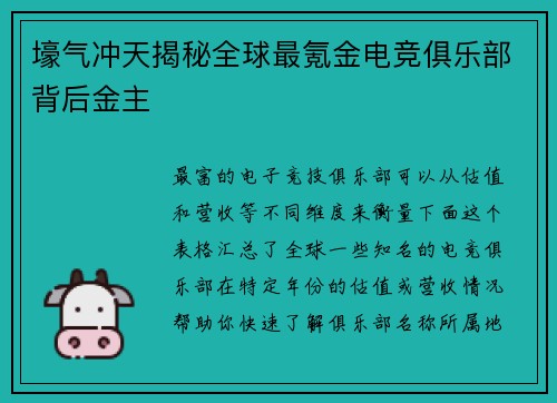 壕气冲天揭秘全球最氪金电竞俱乐部背后金主